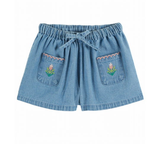 SHORT DENIM LIGHT BRODE ROSE